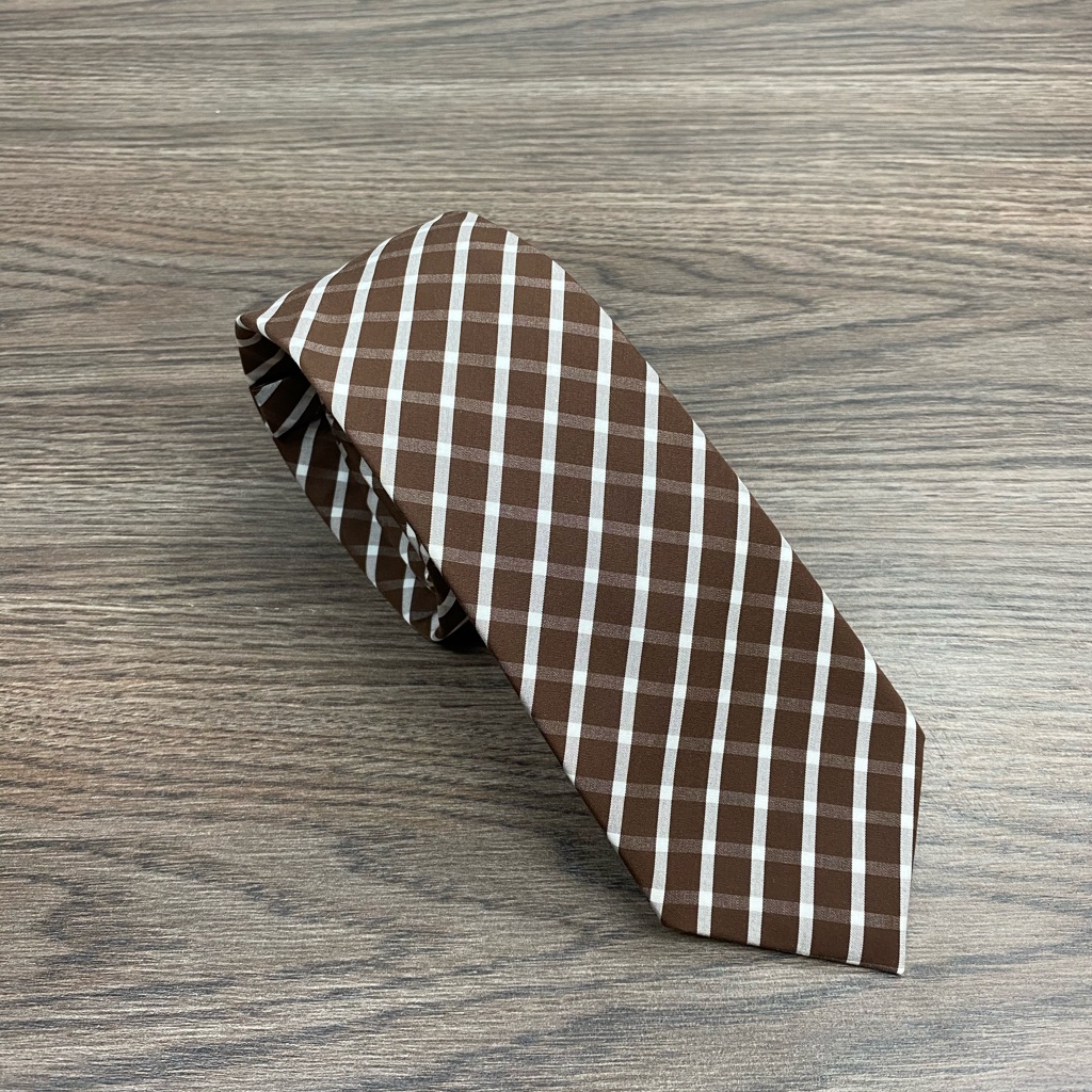 Brown & White Plaid Cotton Skinny Tie